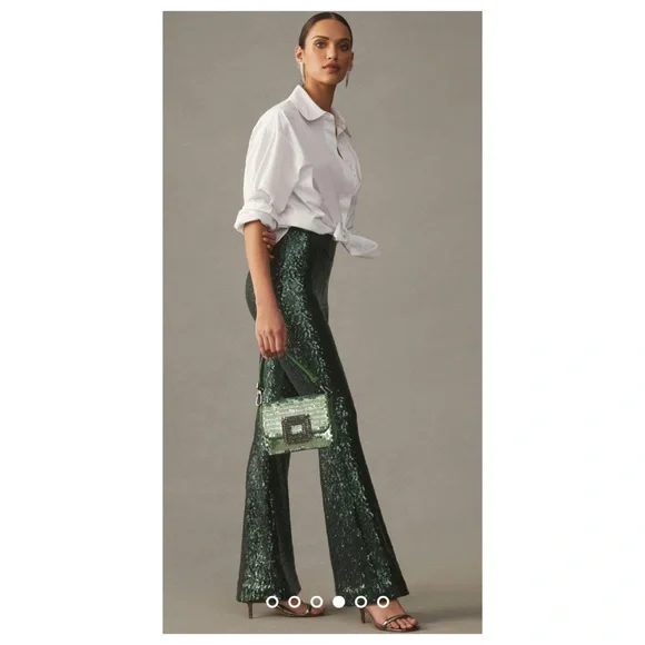NWOT Anthropologie Joni Sequin Flare Pants in Dark Green Size 10 - Picture 6 of 14